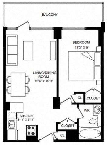 Floor plan for 1 bed, 1 bath, 500 sqft
